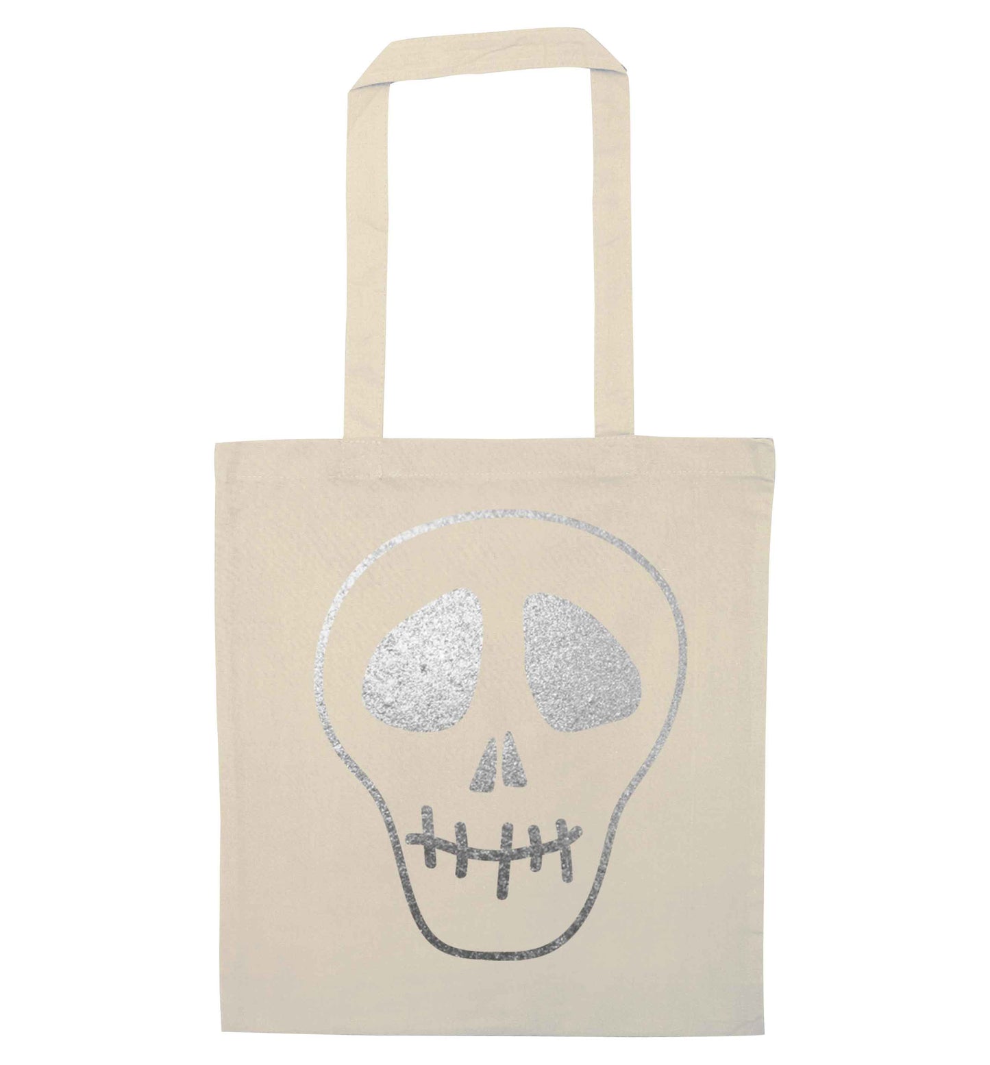 Metallic silver skull natural tote bag