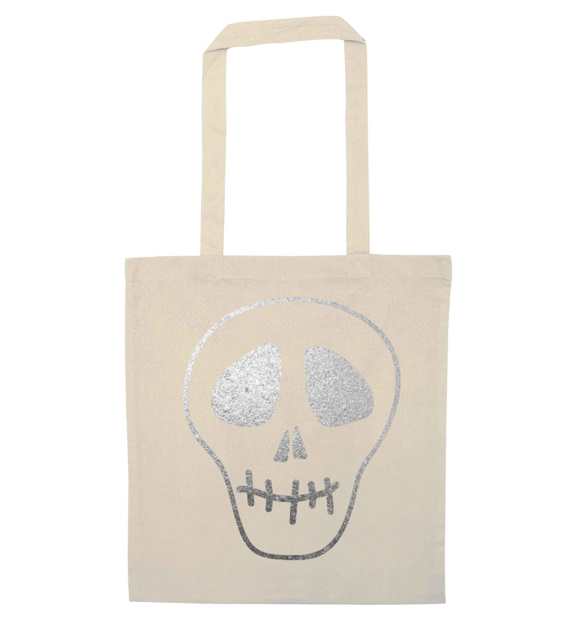 Metallic silver skull natural tote bag