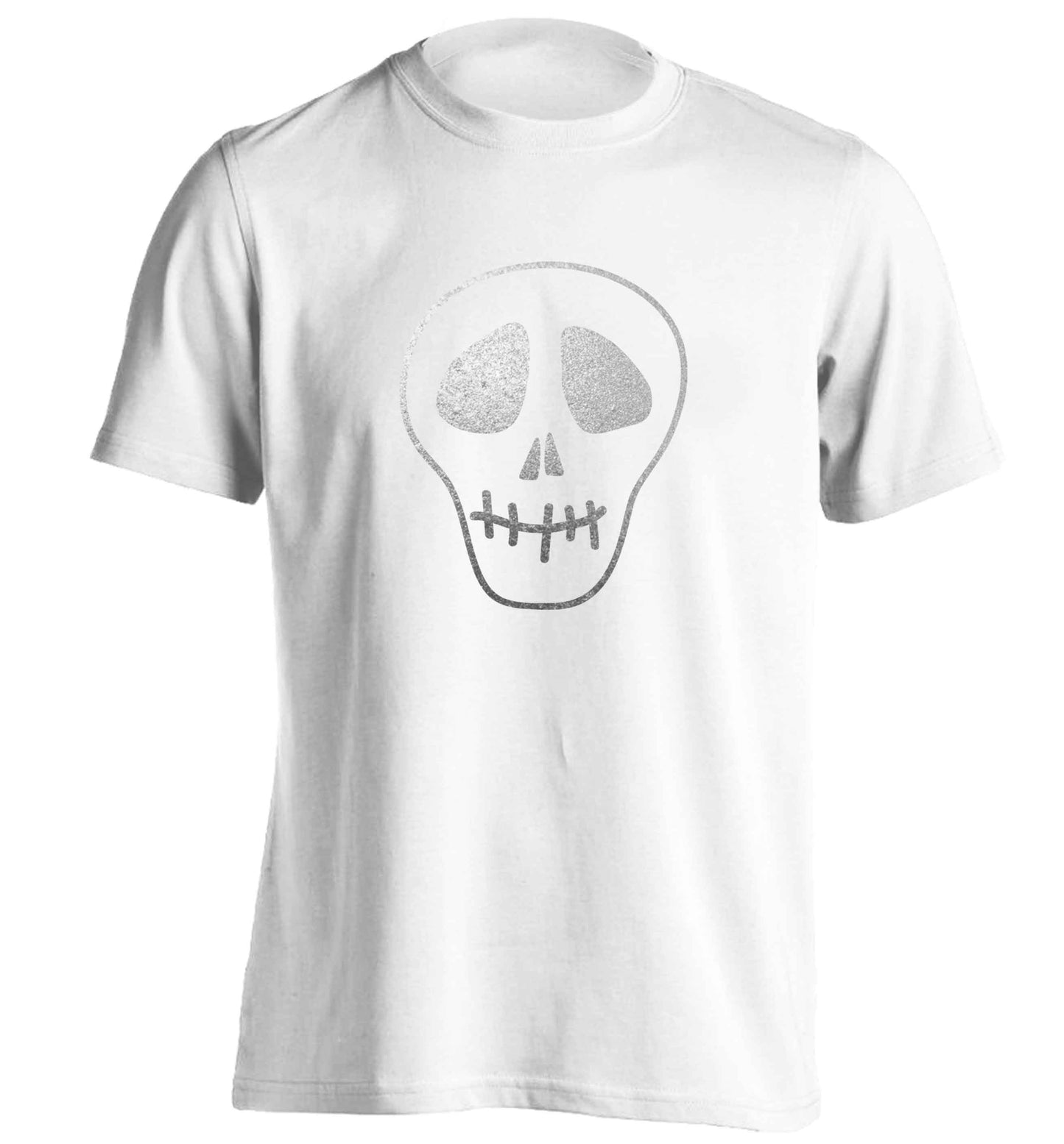 Metallic silver skull adults unisex white Tshirt 2XL