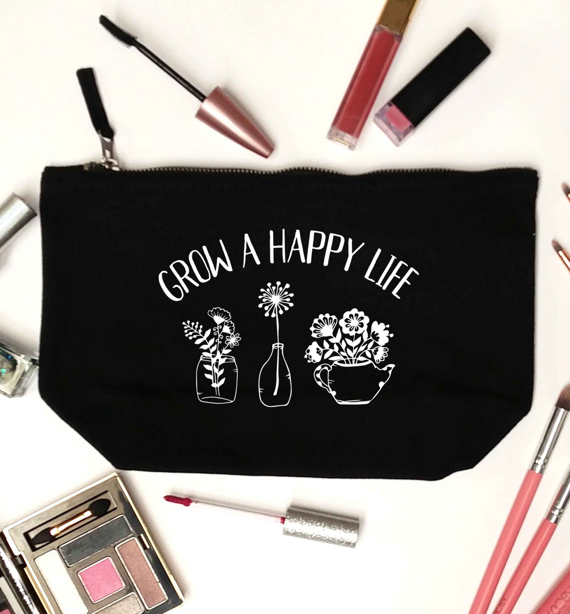 Grow a happy life black makeup bag