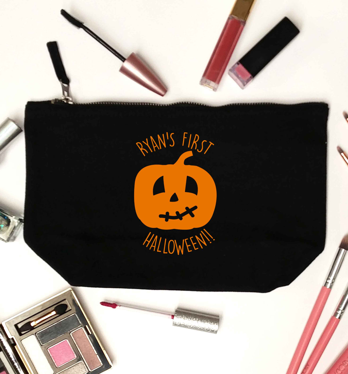 Personalised Halloween - pumpkin black makeup bag