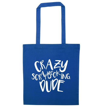 Crazy scrapbooking dude blue tote bag
