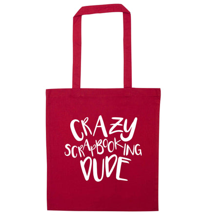 Crazy scrapbooking dude red tote bag