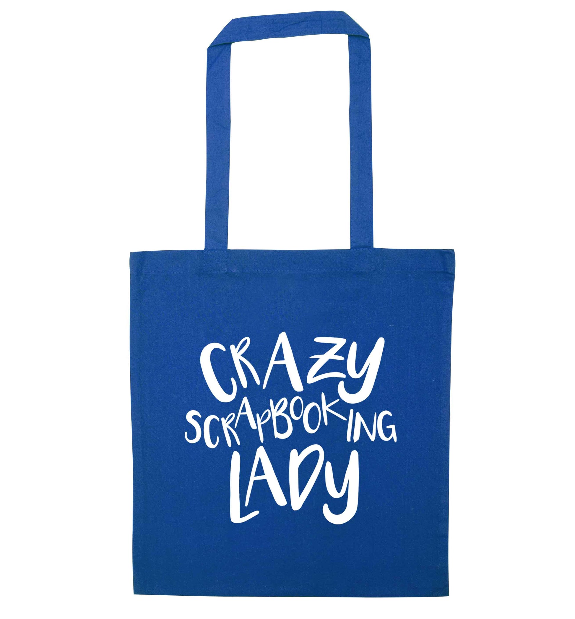 Crazy scrapbooking lady blue tote bag