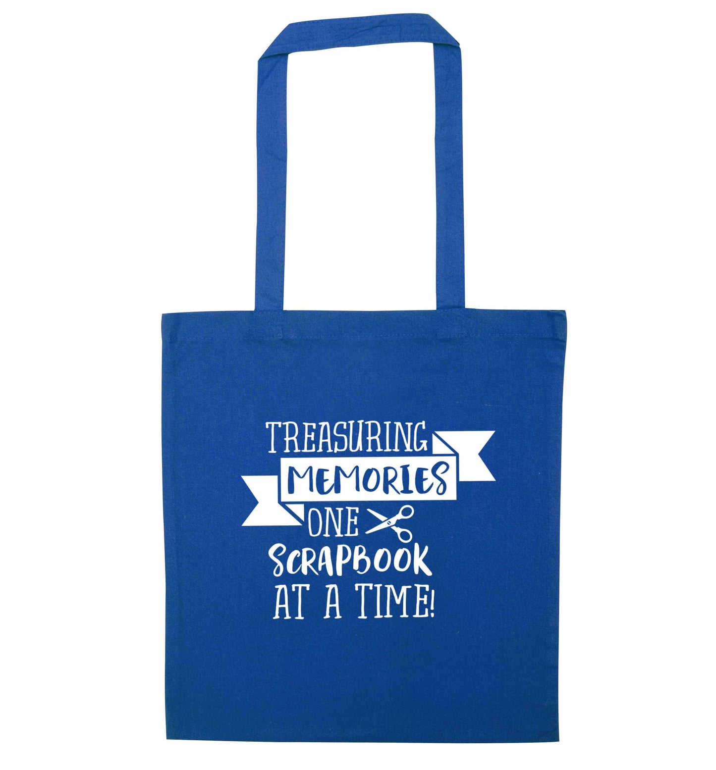 Treasuring memories one scrapbook at a time blue tote bag