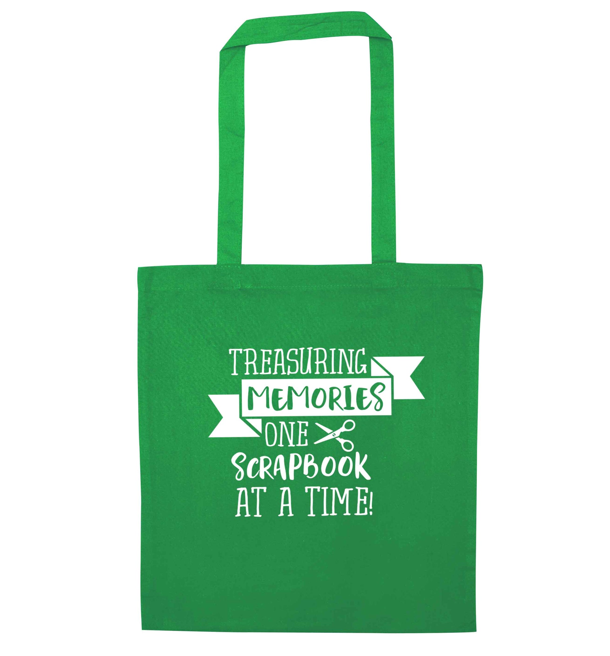 Treasuring memories one scrapbook at a time green tote bag