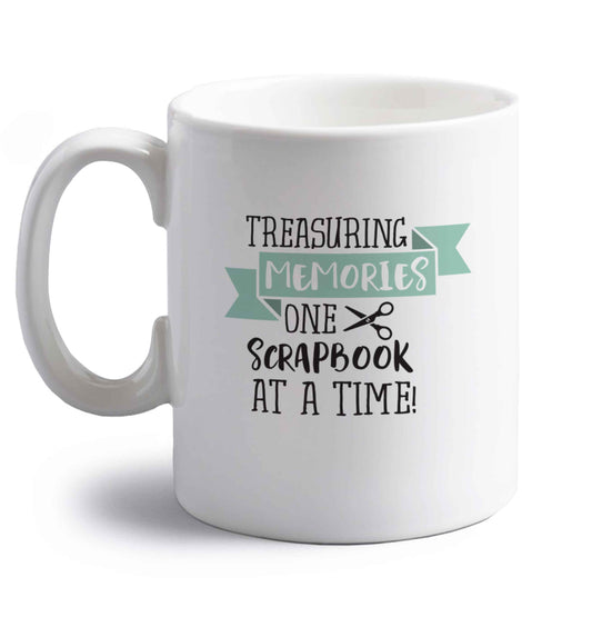 Treasuring memories one scrapbook at a time right handed white ceramic mug 