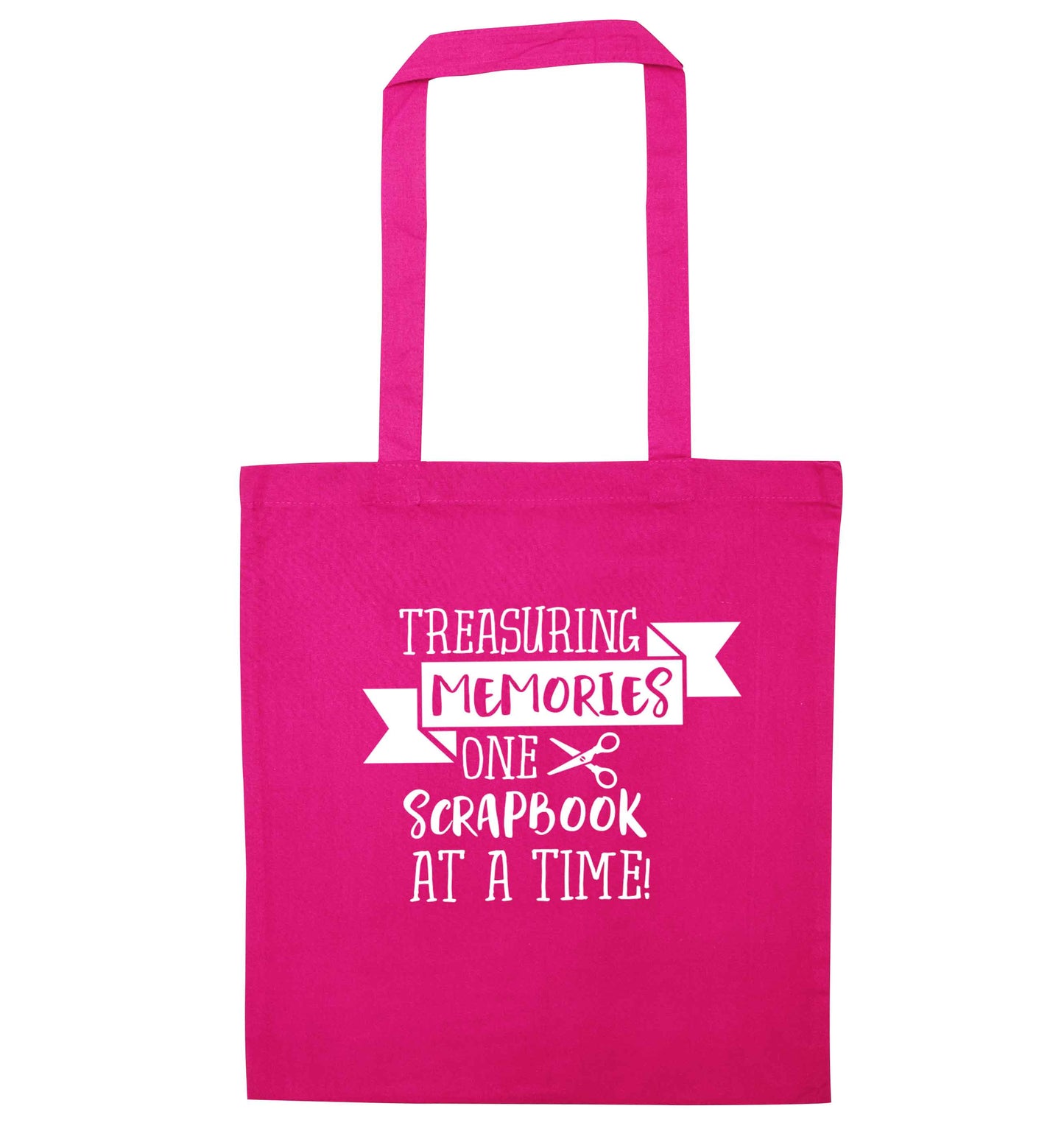 Treasuring memories one scrapbook at a time pink tote bag