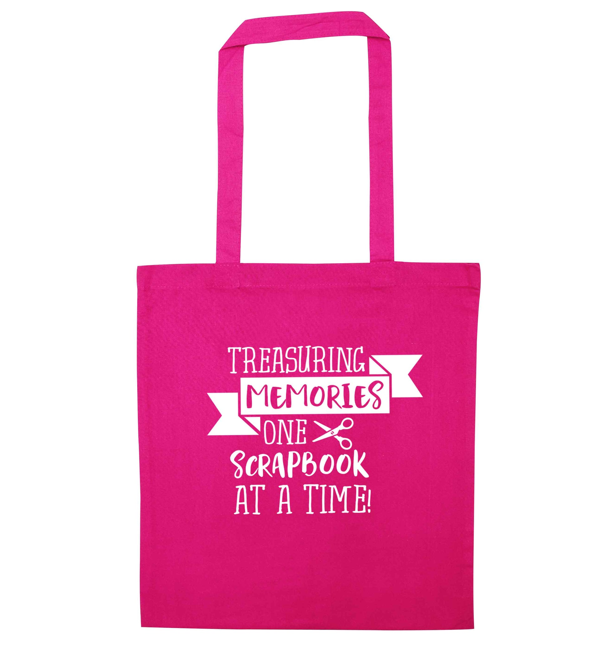 Treasuring memories one scrapbook at a time pink tote bag