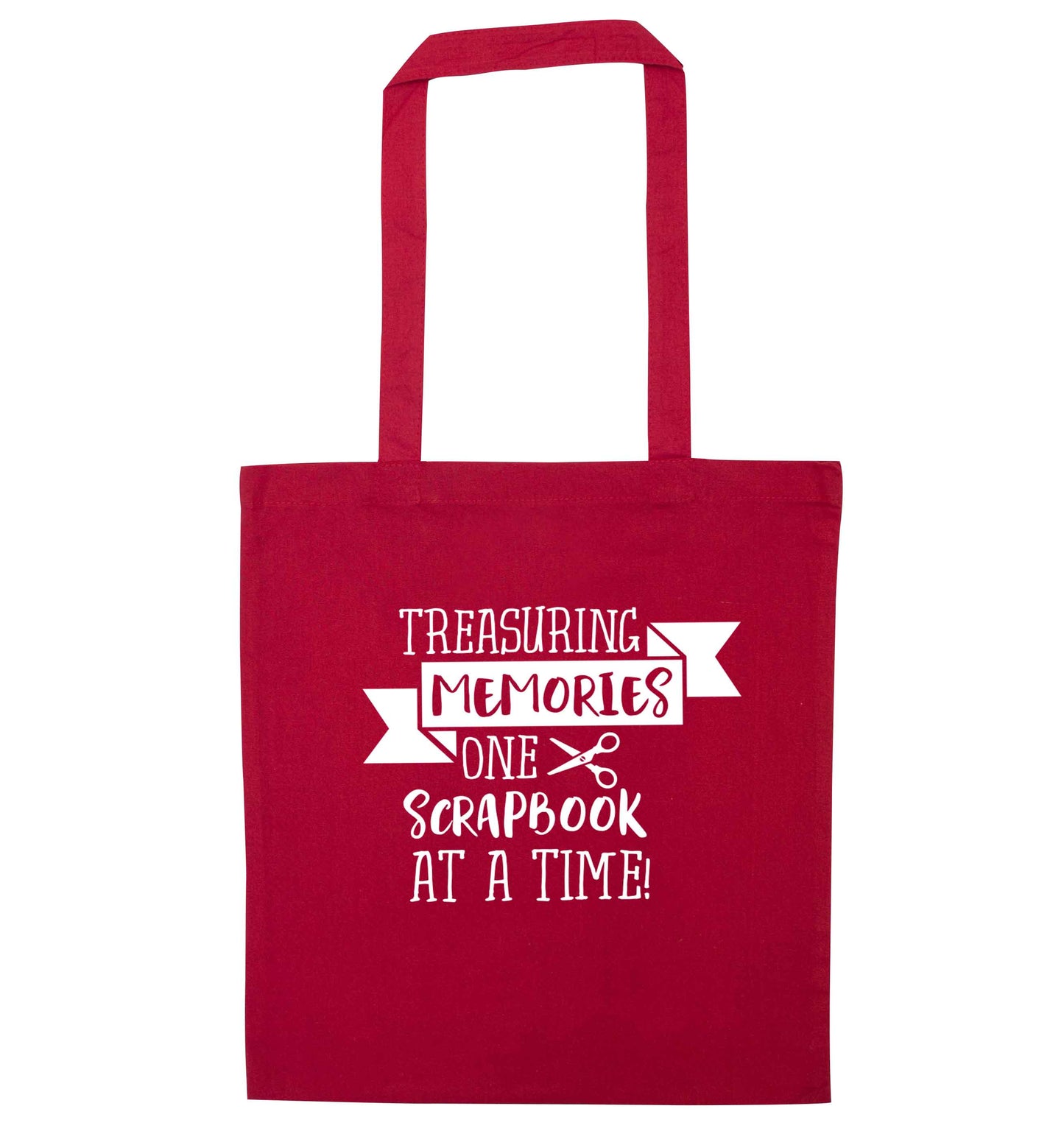 Treasuring memories one scrapbook at a time red tote bag