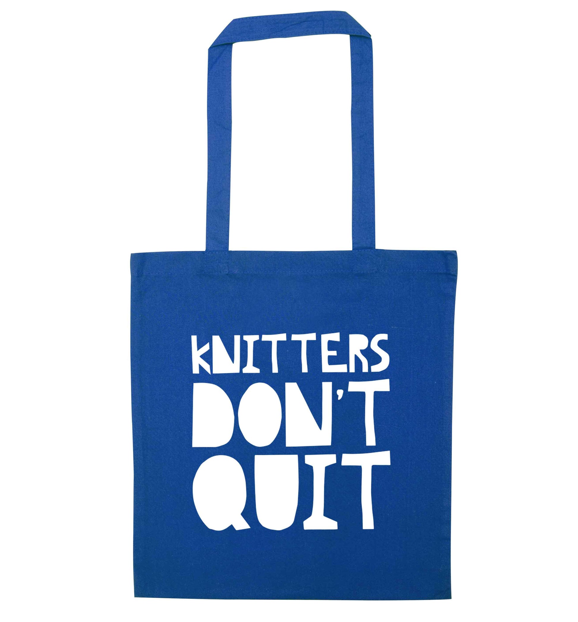 Knitters don't quit blue tote bag