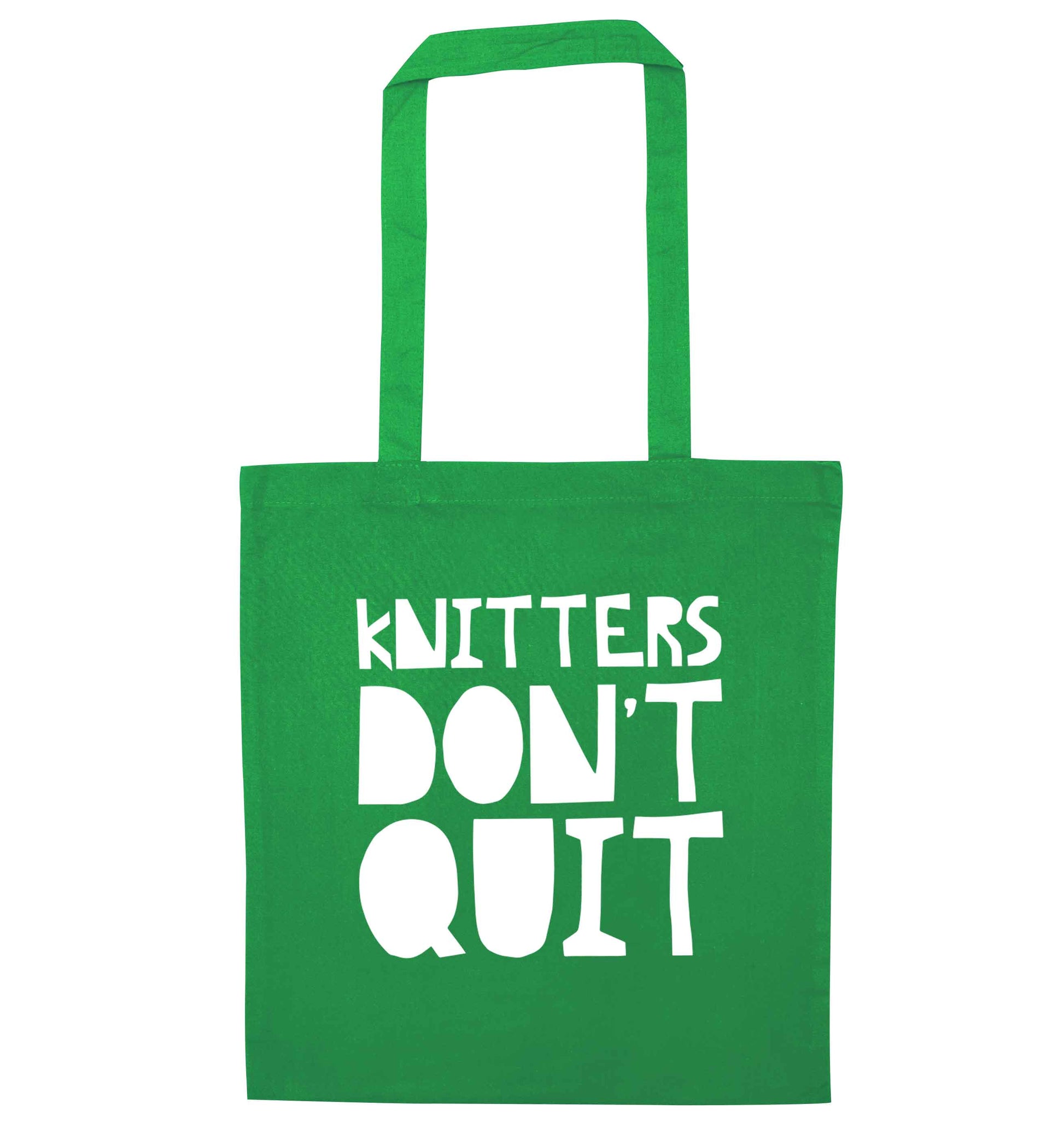 Knitters don't quit green tote bag