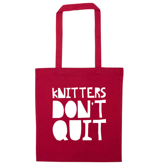 Knitters don't quit red tote bag