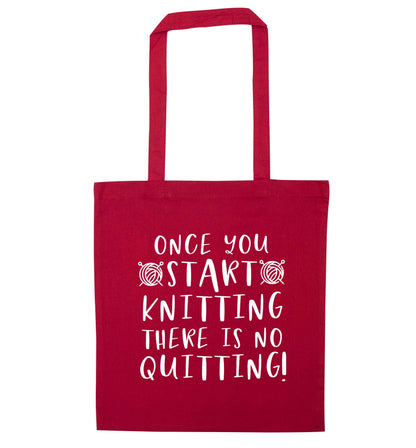 Once you start knitting there is no quitting! red tote bag