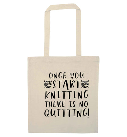 Once you start knitting there is no quitting! natural tote bag