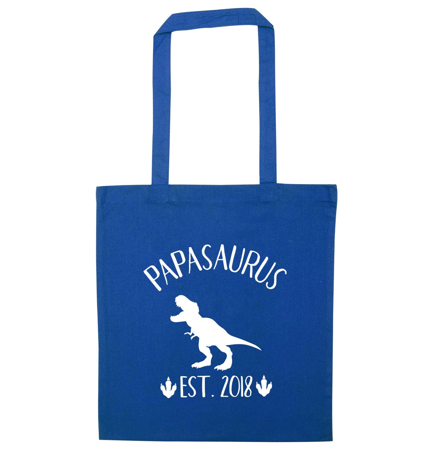 Personalised papasaurus since (custom date) blue tote bag