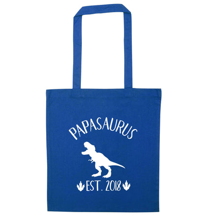 Personalised papasaurus since (custom date) blue tote bag