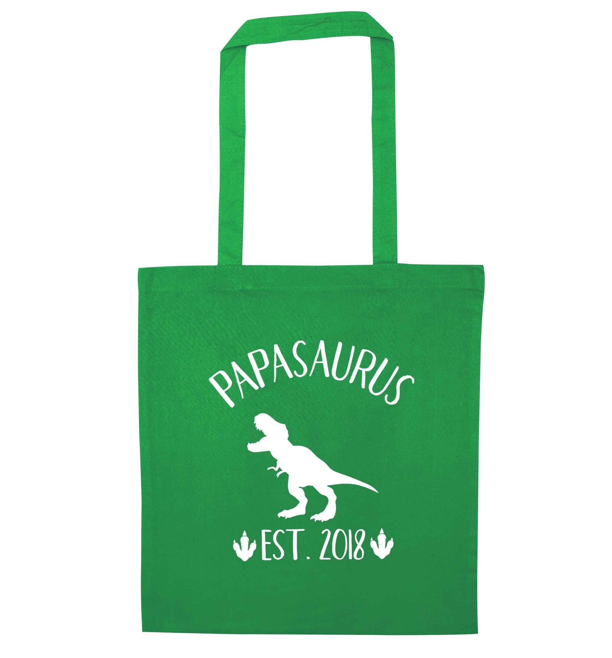 Personalised papasaurus since (custom date) green tote bag