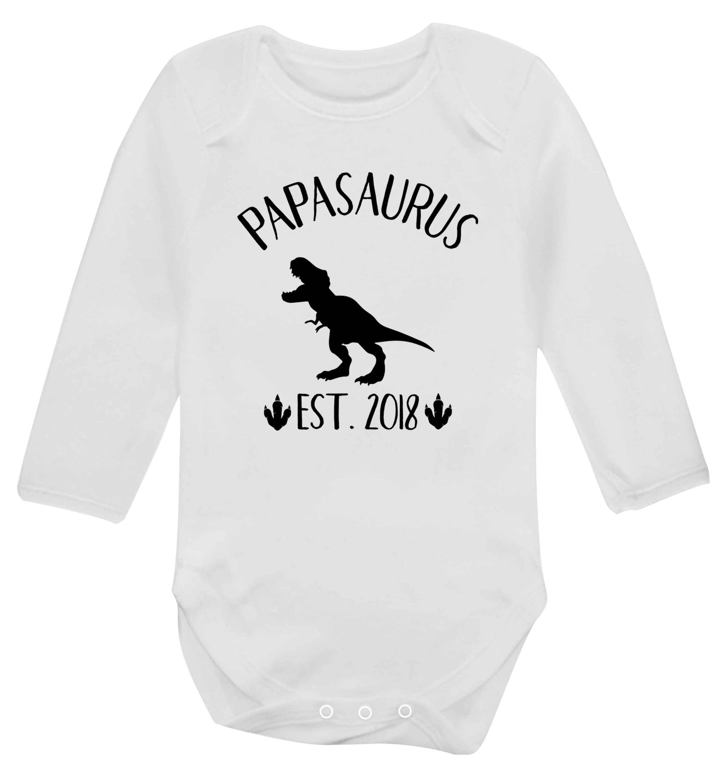 Personalised papasaurus since (custom date) Baby Vest long sleeved white 6-12 months