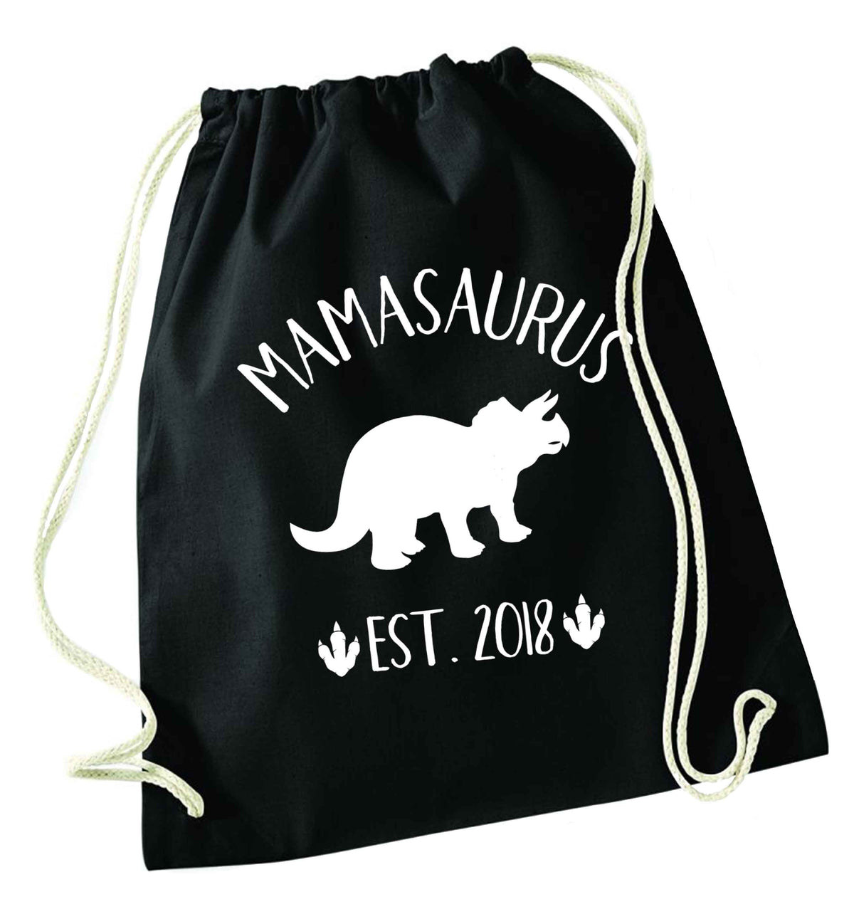 Personalised mamasaurus date black drawstring bag