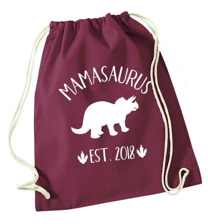 Personalised mamasaurus date maroon drawstring bag