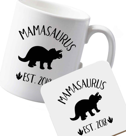 10 oz Ceramic mug and coaster Personalised mamasaurus date both sides