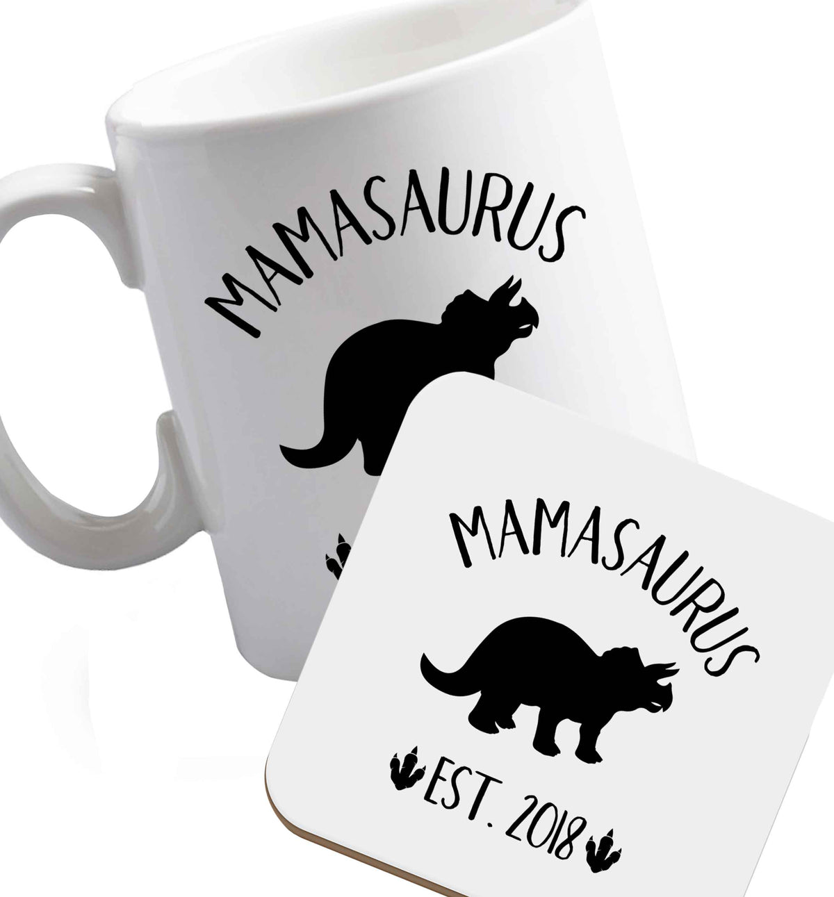 10 oz Personalised mamasaurus date ceramic mug and coaster set right handed