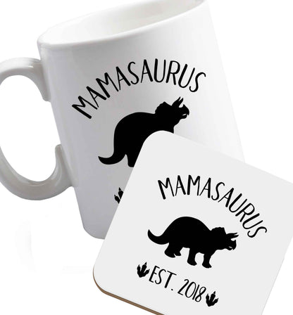10 oz Personalised mamasaurus date ceramic mug and coaster set right handed