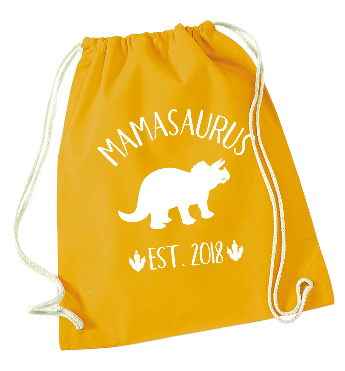 Personalised mamasaurus date mustard drawstring bag