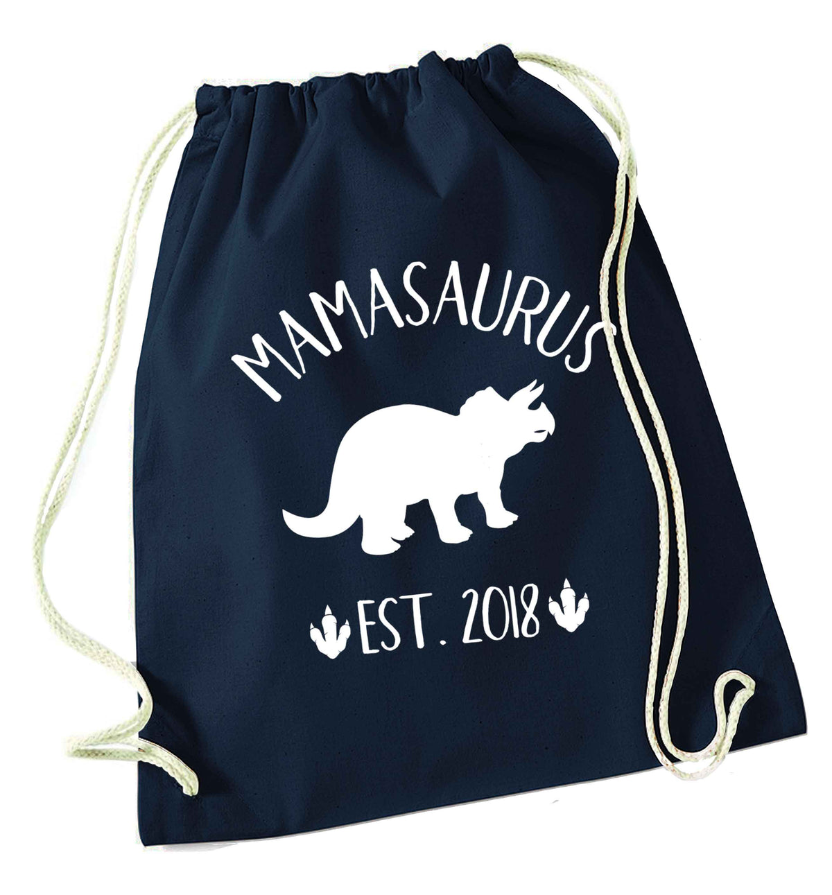 Personalised mamasaurus date navy drawstring bag