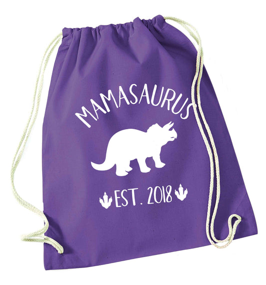 Personalised mamasaurus date purple drawstring bag