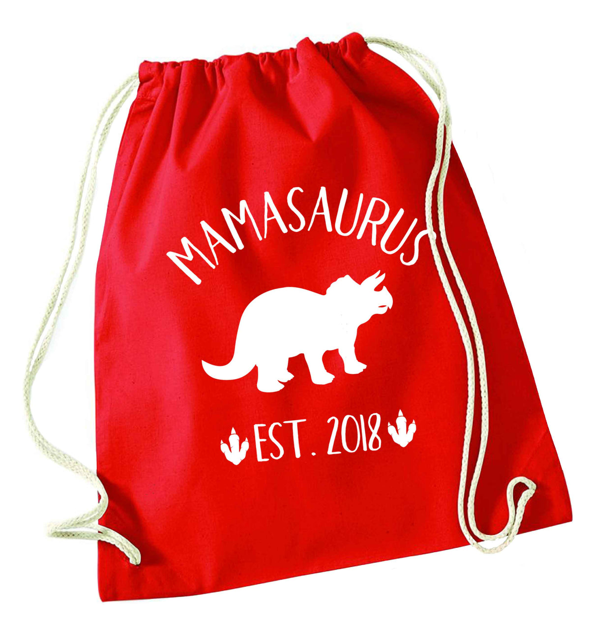 Personalised mamasaurus date red drawstring bag 