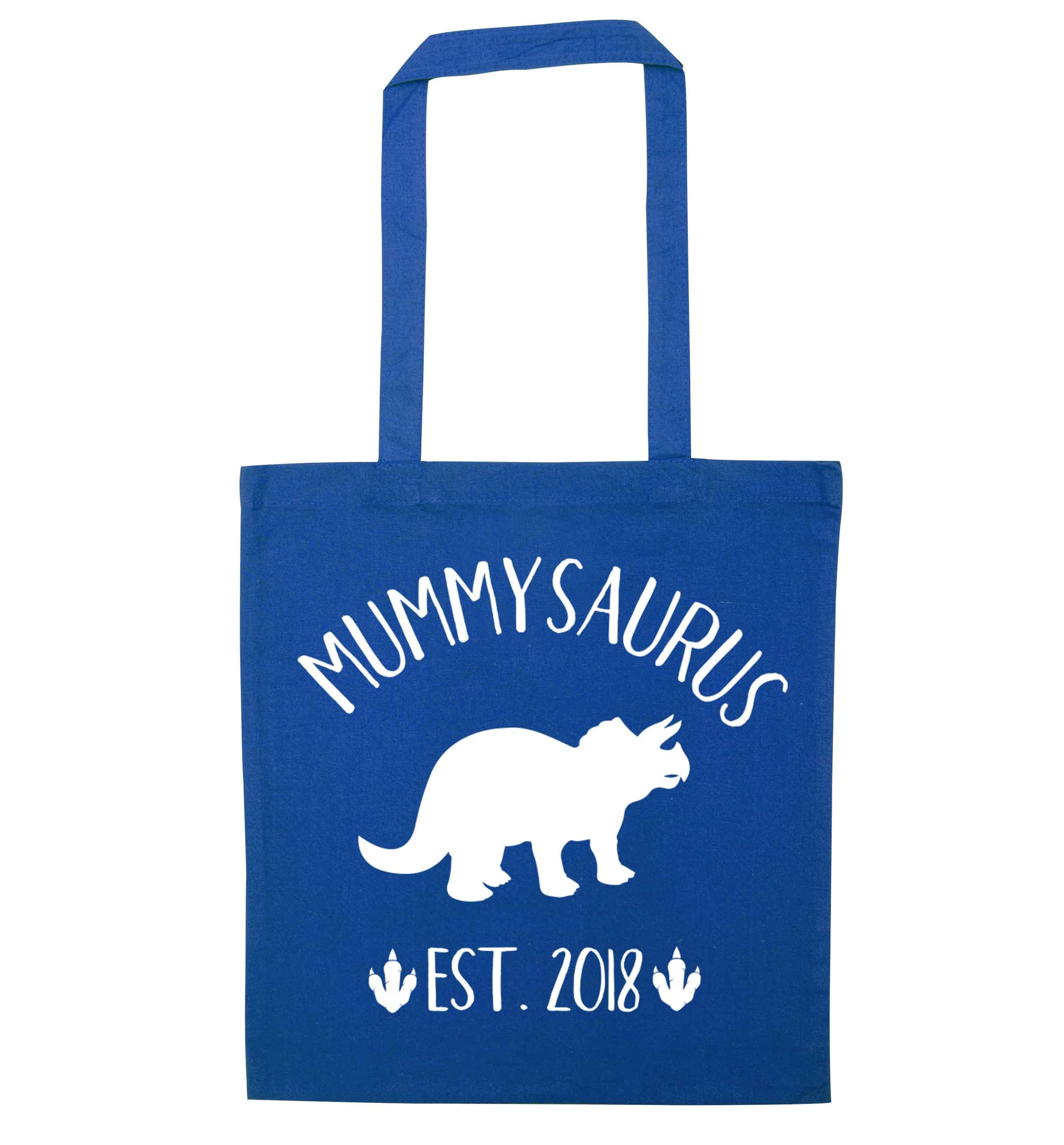 Personalised mummysaurus date blue tote bag