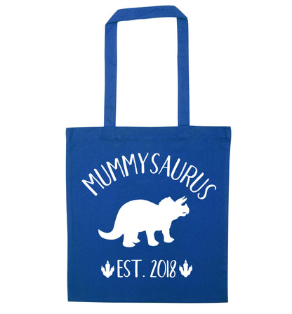 Personalised mummysaurus date blue tote bag