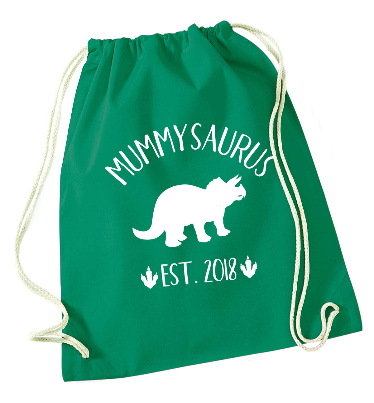 Personalised mummysaurus date green drawstring bag
