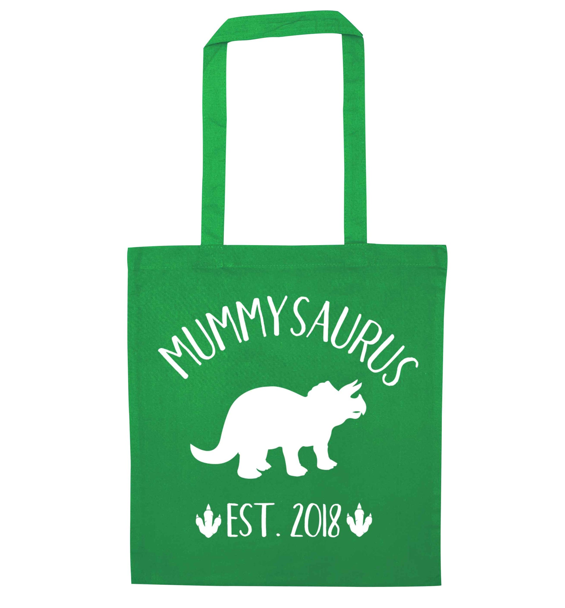 Personalised mummysaurus date green tote bag