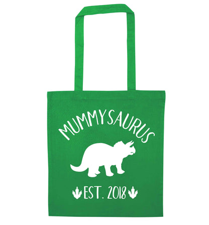 Personalised mummysaurus date green tote bag