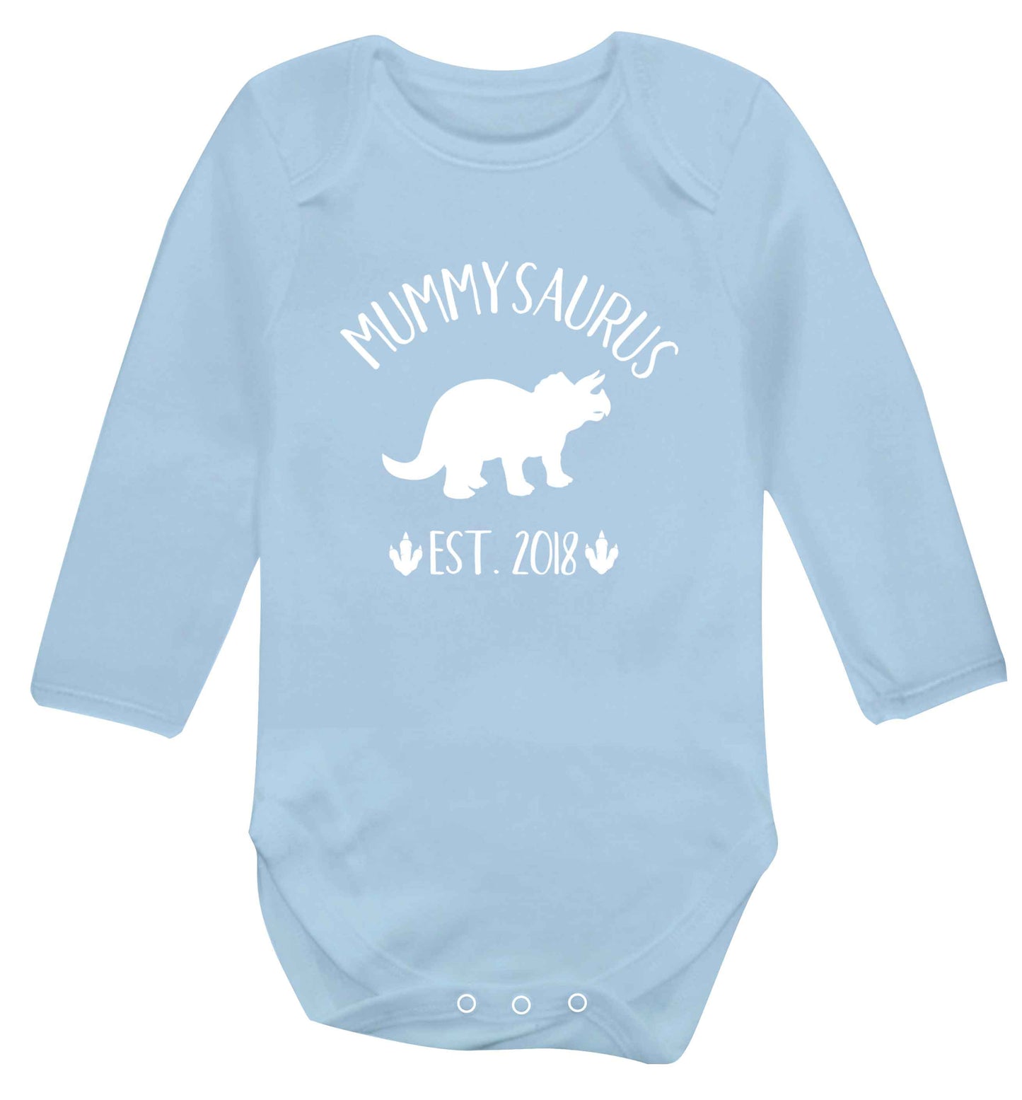 Personalised mummysaurus date baby vest long sleeved pale blue 6-12 months