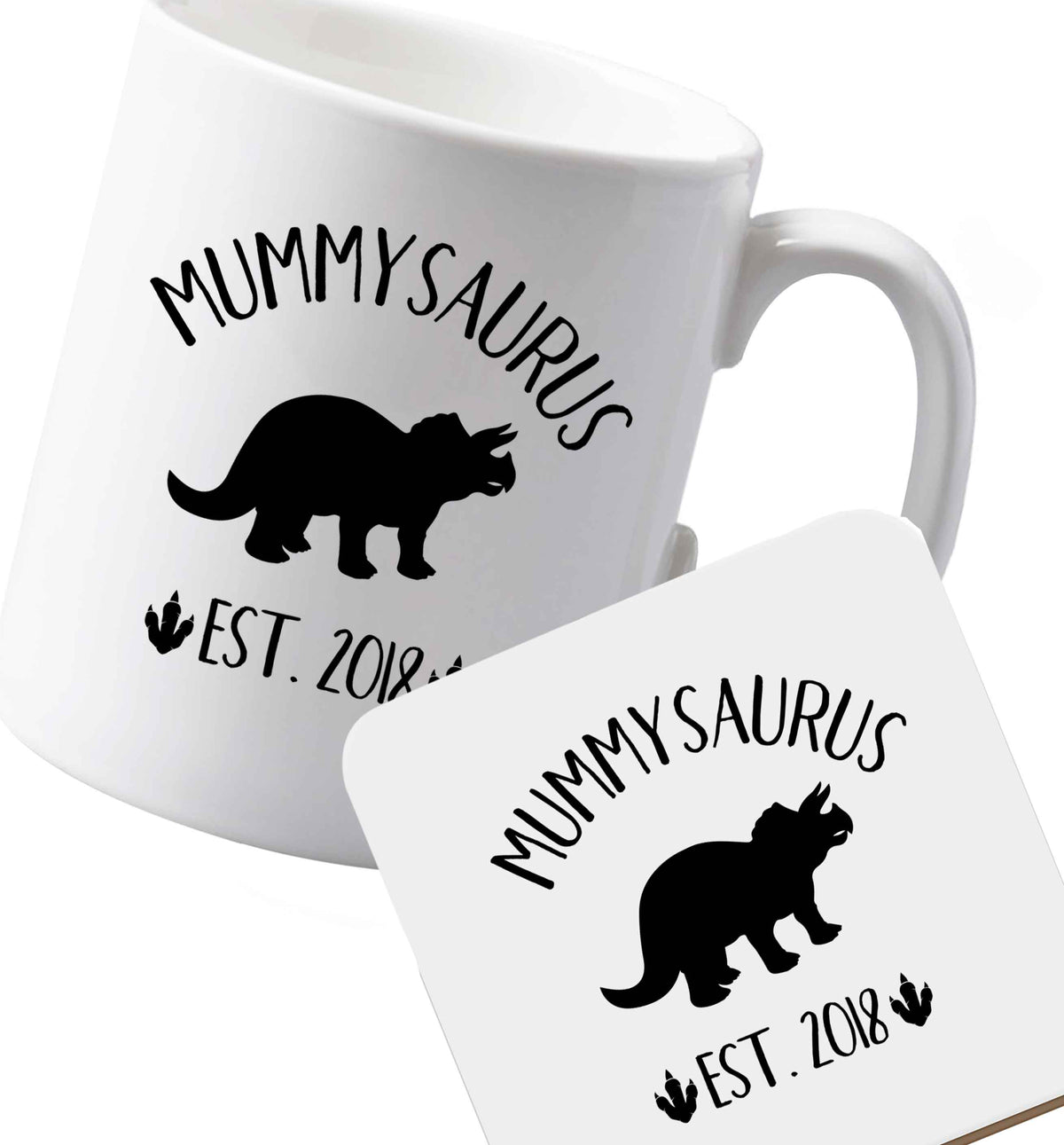 10 oz Ceramic mug and coaster Personalised mummysaurus date both sides