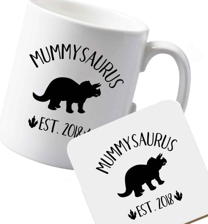 10 oz Ceramic mug and coaster Personalised mummysaurus date both sides
