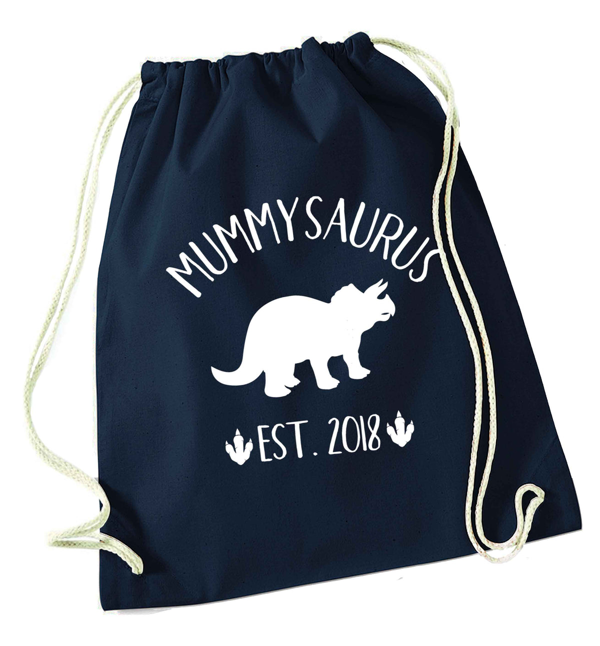 Personalised mummysaurus date navy drawstring bag