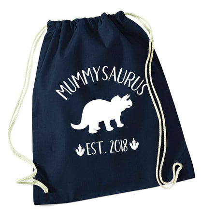 Personalised mummysaurus date navy drawstring bag