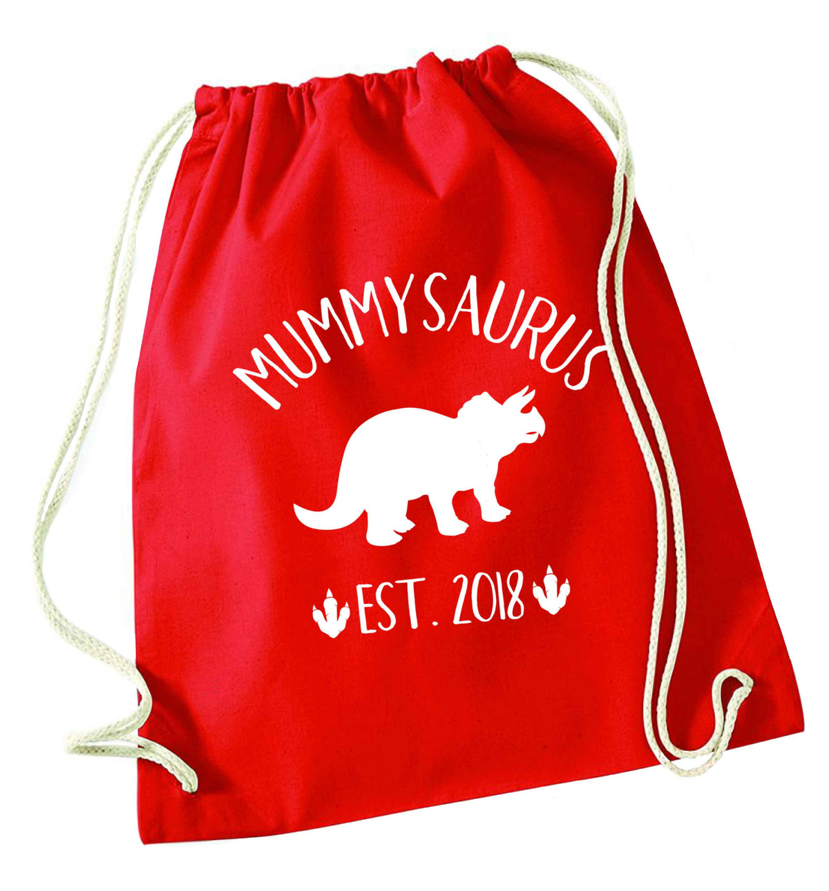 Personalised mummysaurus date red drawstring bag 