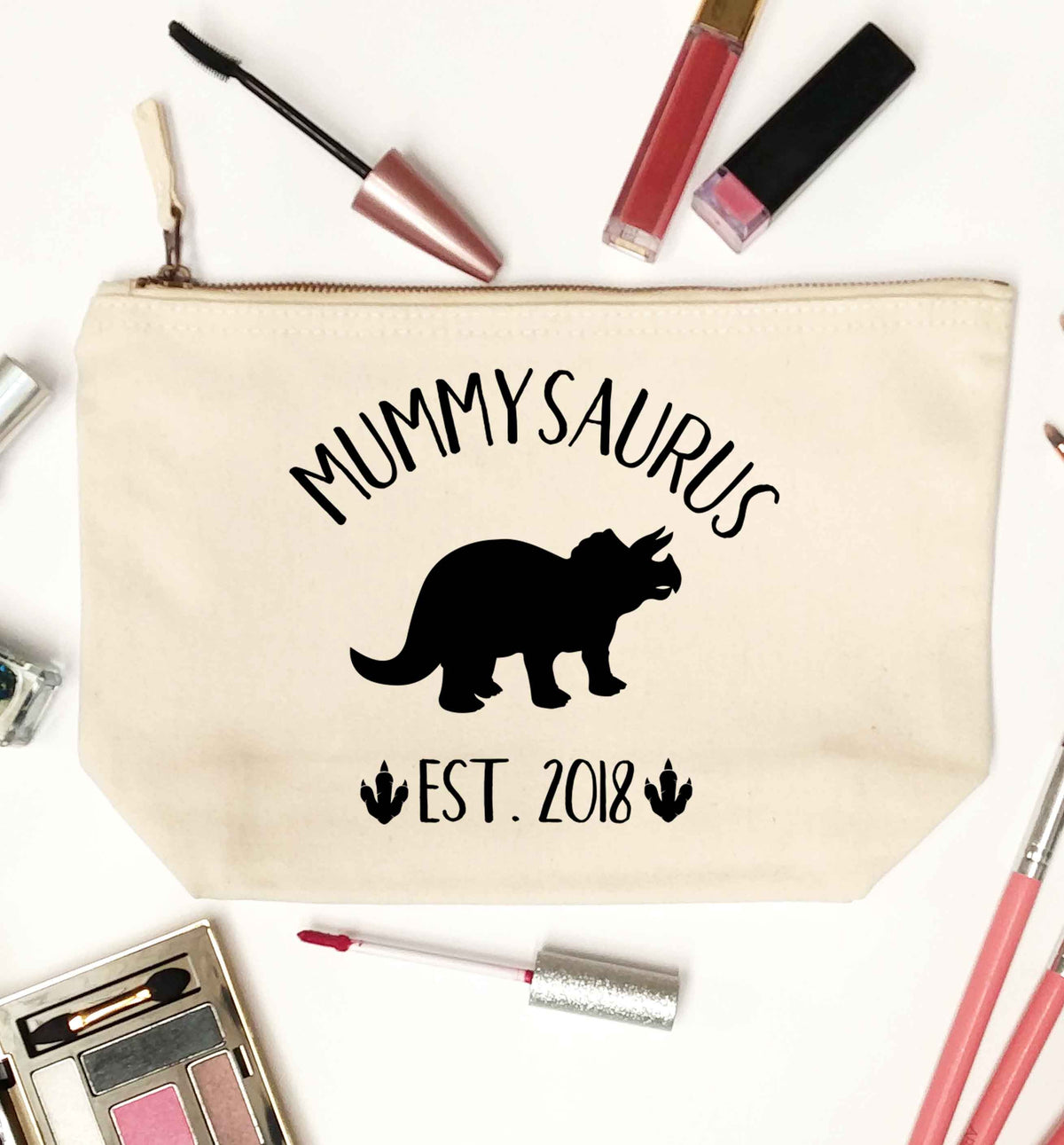 Personalised mummysaurus date natural makeup bag