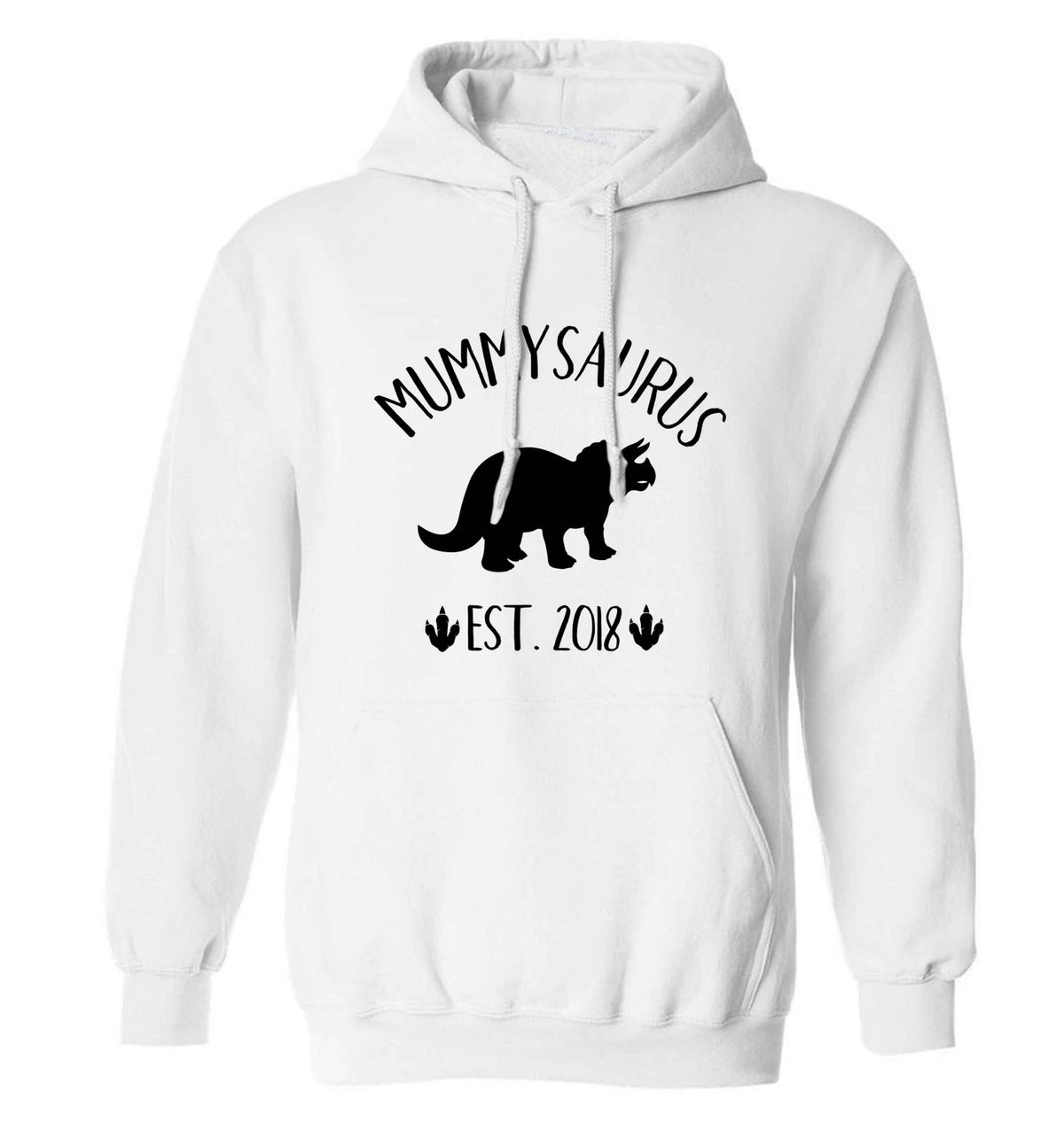 Personalised mummysaurus date adults unisex white hoodie 2XL