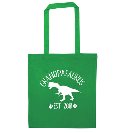 Personalised grandpasaurus since (custom date) green tote bag