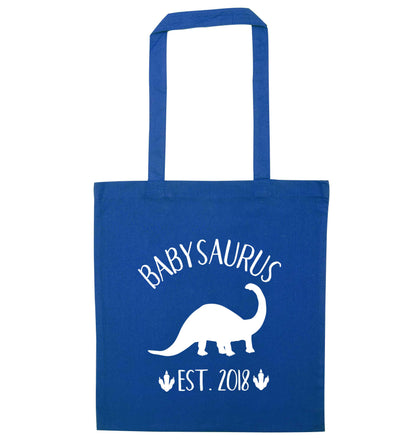 Personalised babysaurus since (custom date) blue tote bag