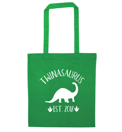 Personalised twinasaurus since (custom date) green tote bag