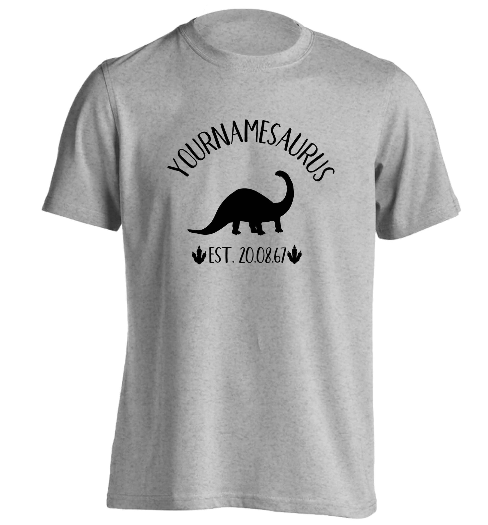 Personalised (your name) dinosaur birthday adults unisex grey Tshirt 2XL