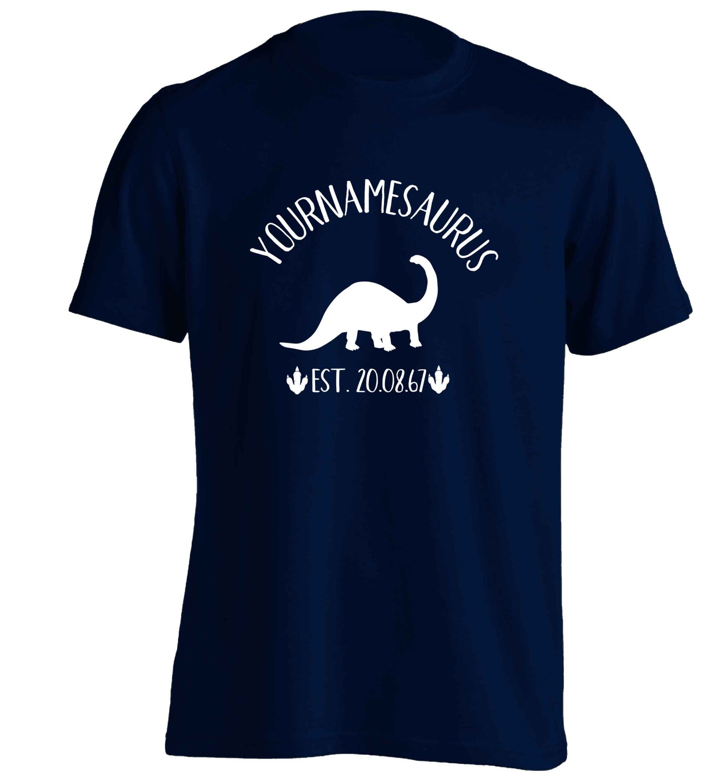 Personalised (your name) dinosaur birthday adults unisex navy Tshirt 2XL